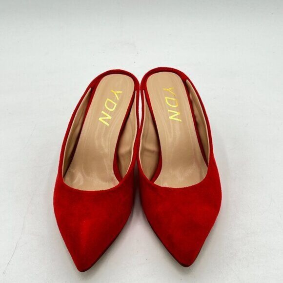 YDN Red Suede Pointed Toe Thin Mid Heel Backless Mules Pumps Slip On Slide Dress - Picture 3 of 8